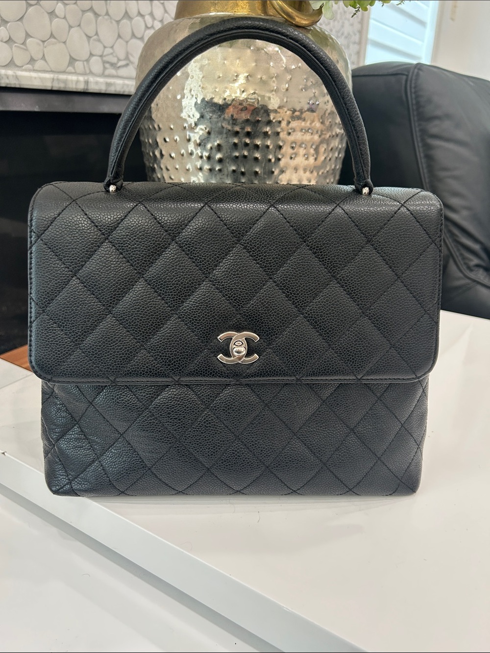 CHANEL Black Quilted Top Handle Satchel with Silver CC